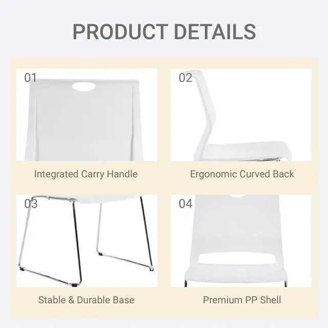 Alt view image 5 of 7 - White Plastic Stacking Chairs, 4-Pack Stackable Commercial Chairs | Heavy-Duty Hard Plastic, Armless Sled Base Chair, Flexible Seating for Office Reception, Lobby, Dining, Library & Hospitality