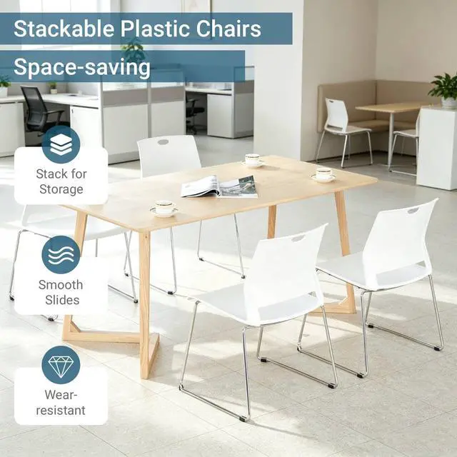 Alt view image 4 of 7 - White Plastic Stacking Chairs, 4-Pack Stackable Commercial Chairs | Heavy-Duty Hard Plastic, Armless Sled Base Chair, Flexible Seating for Office Reception, Lobby, Dining, Library & Hospitality