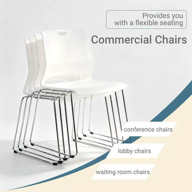Alt view image 6 of 7 - White Plastic Stacking Chairs, 4-Pack Stackable Commercial Chairs | Heavy-Duty Hard Plastic, Armless Sled Base Chair, Flexible Seating for Office Reception, Lobby, Dining, Library & Hospitality