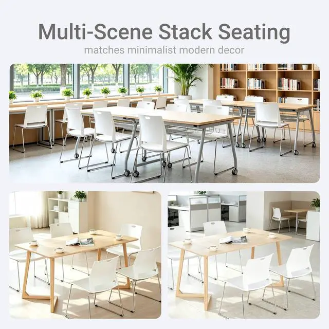 Alt view image 7 of 7 - White Plastic Stacking Chairs, 4-Pack Stackable Commercial Chairs | Heavy-Duty Hard Plastic, Armless Sled Base Chair, Flexible Seating for Office Reception, Lobby, Dining, Library & Hospitality
