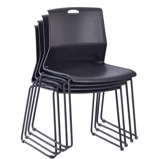 Alt view image 4 of 5 - Black Stacking Chairs Set of 4, Plastic Waiting Room Guest Chairs | Space-Saving Stackable, Reinforced Sled Base, Heavy Duty Flexible Seating for Office Lobby, Classroom, Restaurant & Church