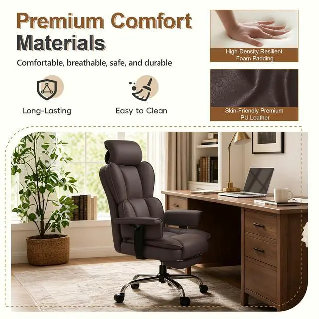 Alt view image 5 of 7 - Big and Tall Office Chair, Heavy Duty Executive Office Desk Chair Adjustable Armrests and Footrest, PU Leather Computer Chair for Work Office Home