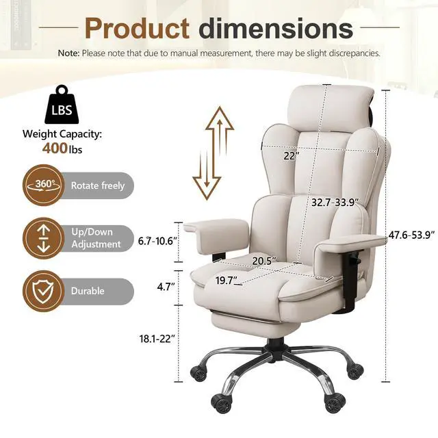 Alt view image 2 of 7 - Big and Tall Office Chair, Heavy Duty Executive Office Desk Chair Adjustable Armrests and Footrest, PU Leather Computer Chair for Work Office Home