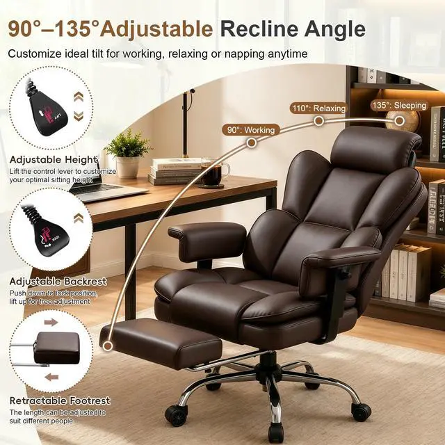 Alt view image 6 of 7 - Big and Tall Office Chair, Heavy Duty Executive Office Desk Chair Adjustable Armrests and Footrest, PU Leather Computer Chair for Work Office Home