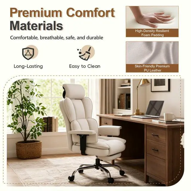 Alt view image 5 of 7 - Big and Tall Office Chair, Heavy Duty Executive Office Desk Chair Adjustable Armrests and Footrest, PU Leather Computer Chair for Work Office Home