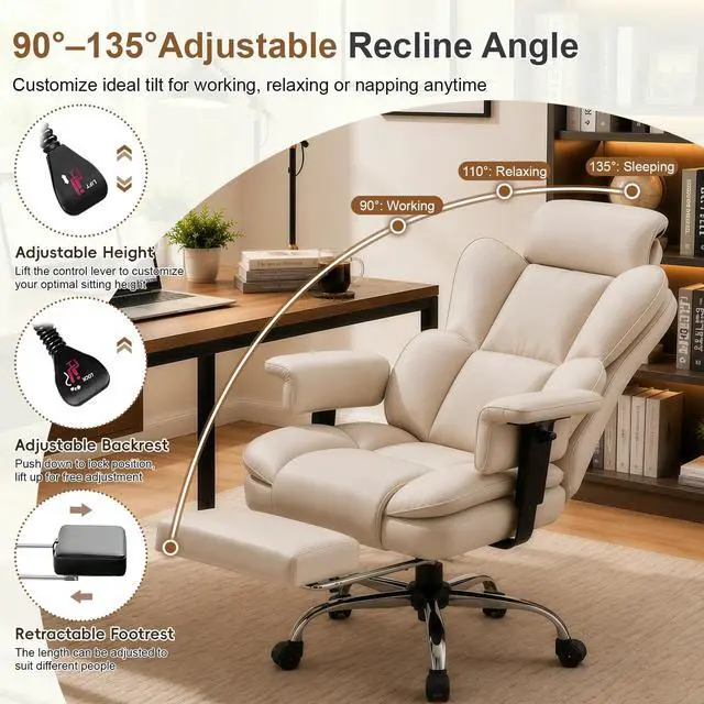 Alt view image 6 of 7 - Big and Tall Office Chair, Heavy Duty Executive Office Desk Chair Adjustable Armrests and Footrest, PU Leather Computer Chair for Work Office Home