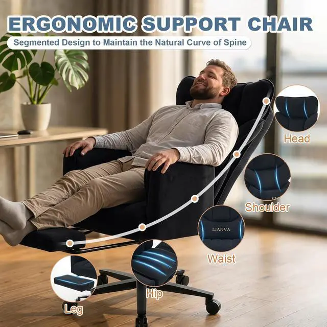 Alt view image 3 of 7 - Big and Tall Office Chair, Reclining Executive Desk Chair, Cross Legged Ergonomic High Back Computer Gaming Chair with Flip Armrests Lumbar Support Footrest, Black Vanity Chair