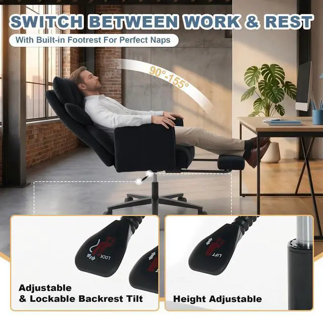 Alt view image 4 of 7 - Big and Tall Office Chair, Reclining Executive Desk Chair, Cross Legged Ergonomic High Back Computer Gaming Chair with Flip Armrests Lumbar Support Footrest, Black Vanity Chair