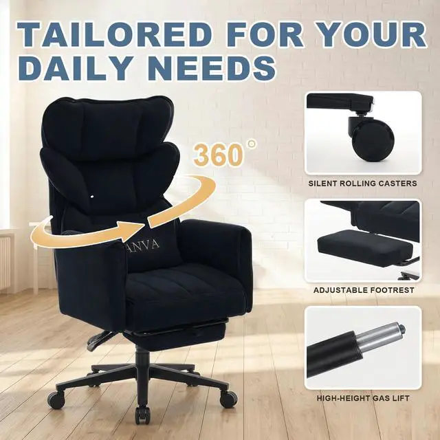 Alt view image 7 of 7 - Big and Tall Office Chair, Reclining Executive Desk Chair, Cross Legged Ergonomic High Back Computer Gaming Chair with Flip Armrests Lumbar Support Footrest, Black Vanity Chair