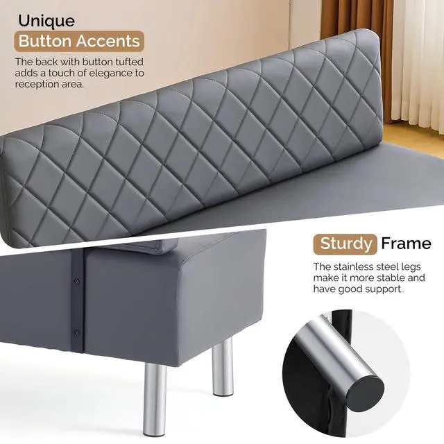 Alt view image 5 of 7 - Waiting Room Bench with Back, 58.6 Office Guest Chair Upholstered Reception Seating, Lobby Furniture for Beauty Salon Barbershop Airport Bank Hall Room Conference, Gray