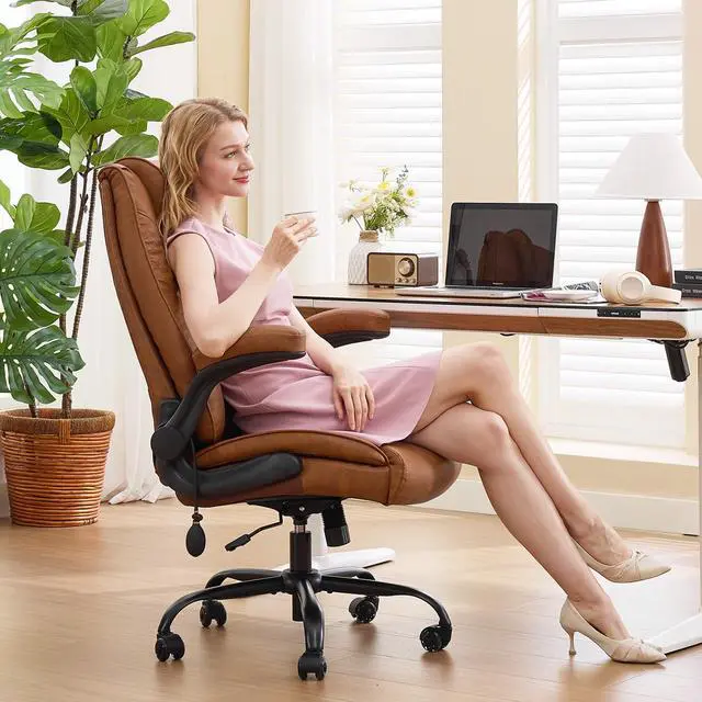 Alt view image 2 of 7 - CLOMAN Big and Tall Office Chair 500lbs with Air Lumbar Support,Wide Seat Executive Chair with Flip Up Arms & Rocking Function,Heavy Duty Comfy Desk Chair,Brown