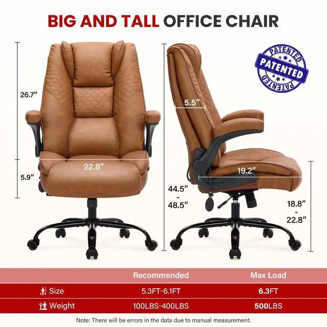 Alt view image 3 of 7 - CLOMAN Big and Tall Office Chair 500lbs with Air Lumbar Support,Wide Seat Executive Chair with Flip Up Arms & Rocking Function,Heavy Duty Comfy Desk Chair,Brown