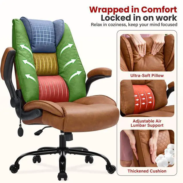 Alt view image 4 of 7 - CLOMAN Big and Tall Office Chair 500lbs with Air Lumbar Support,Wide Seat Executive Chair with Flip Up Arms & Rocking Function,Heavy Duty Comfy Desk Chair,Brown