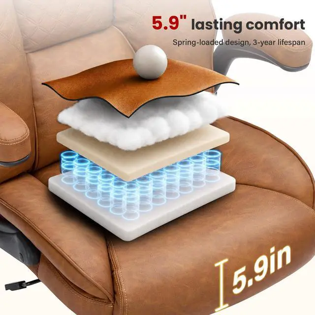 Alt view image 5 of 7 - CLOMAN Big and Tall Office Chair 500lbs with Air Lumbar Support,Wide Seat Executive Chair with Flip Up Arms & Rocking Function,Heavy Duty Comfy Desk Chair,Brown