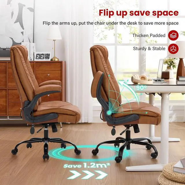 Alt view image 7 of 7 - CLOMAN Big and Tall Office Chair 500lbs with Air Lumbar Support,Wide Seat Executive Chair with Flip Up Arms & Rocking Function,Heavy Duty Comfy Desk Chair,Brown