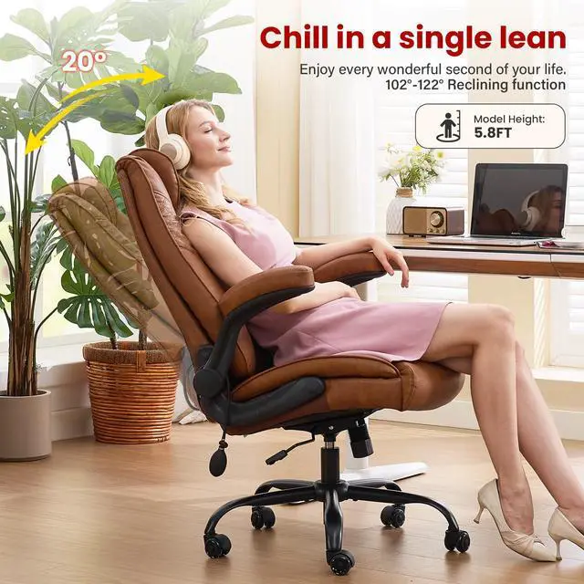 Alt view image 6 of 7 - CLOMAN Big and Tall Office Chair 500lbs with Air Lumbar Support,Wide Seat Executive Chair with Flip Up Arms & Rocking Function,Heavy Duty Comfy Desk Chair,Brown