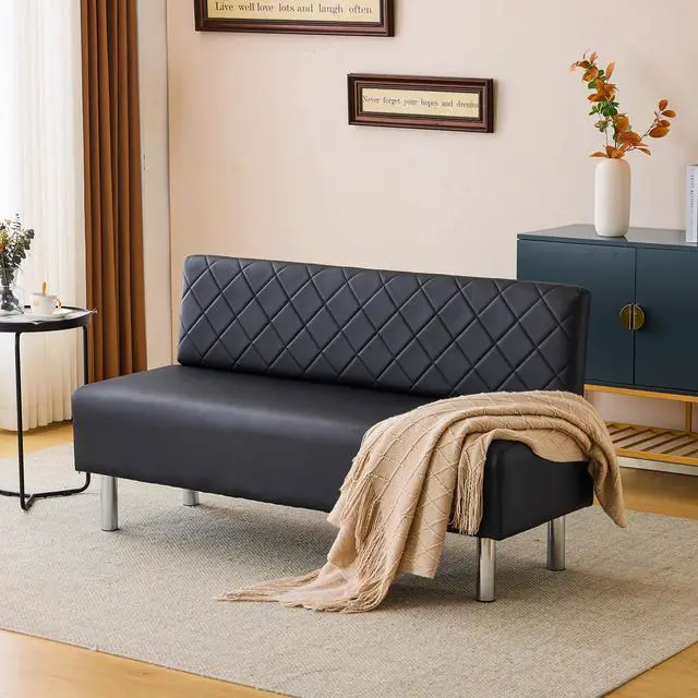 Alt view image 2 of 7 - Waiting Room Bench with Back, 58.6 Office Guest Chair Upholstered Reception Seating, Lobby Furniture for Beauty Salon Barbershop Airport Bank Hall Room Conference, Black