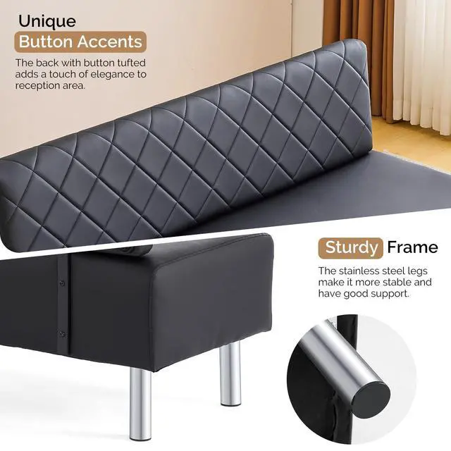 Alt view image 5 of 7 - Waiting Room Bench with Back, 58.6 Office Guest Chair Upholstered Reception Seating, Lobby Furniture for Beauty Salon Barbershop Airport Bank Hall Room Conference, Black