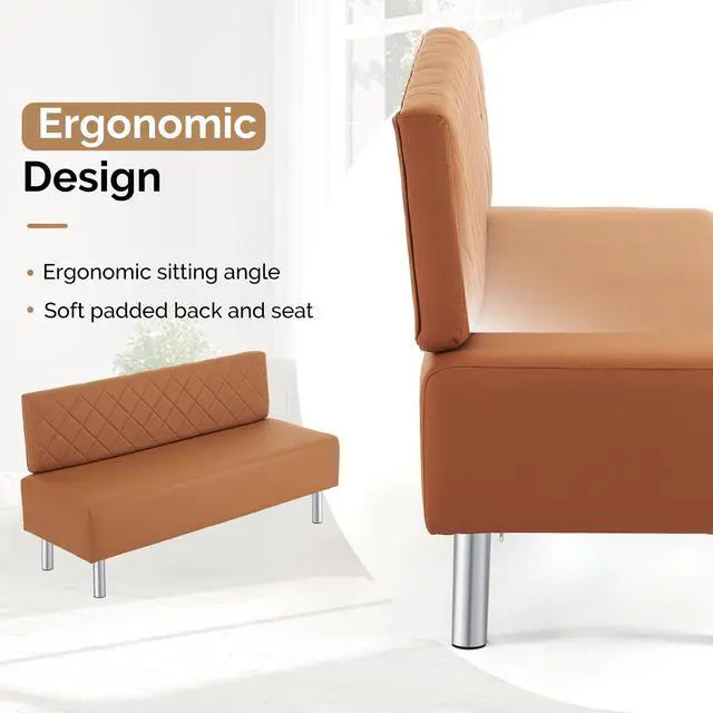 Alt view image 4 of 7 - Waiting Room Bench with Back, 58.6 Office Guest Chair Upholstered Reception Seating, Lobby Furniture for Beauty Salon Barbershop Airport Bank Hall Room Conference, Brown