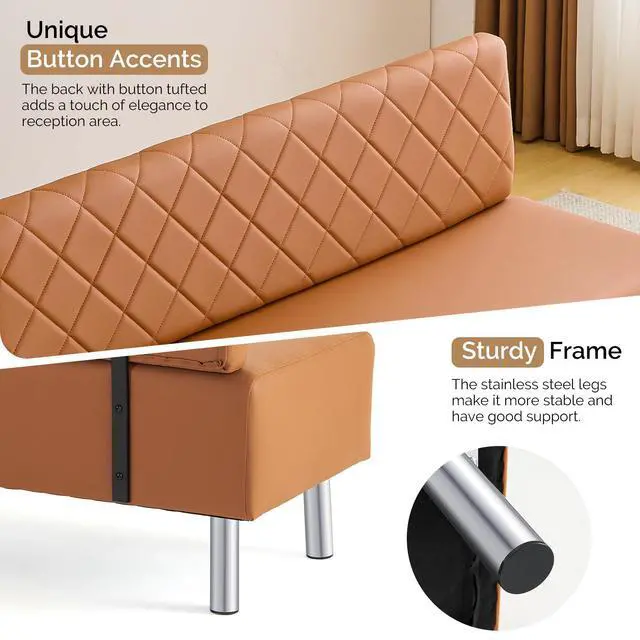 Alt view image 5 of 7 - Waiting Room Bench with Back, 58.6 Office Guest Chair Upholstered Reception Seating, Lobby Furniture for Beauty Salon Barbershop Airport Bank Hall Room Conference, Brown