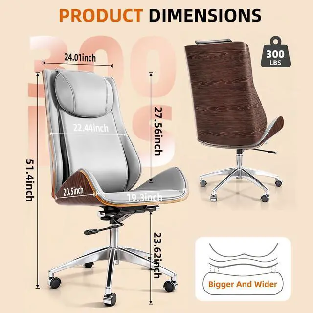 Alt view image 2 of 6 - Executive Office Chair with 6-Point Massage, Ergonomic High Back Leather Desk Chair for Big & Tall (300lbs), 135° Reclining & Lumbar Support for Home Office Prolonged Sitting, Walnut/Grey