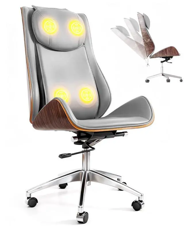 Alt view image 3 of 6 - Executive Office Chair with 6-Point Massage, Ergonomic High Back Leather Desk Chair for Big & Tall (300lbs), 135° Reclining & Lumbar Support for Home Office Prolonged Sitting, Walnut/Grey