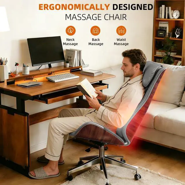 Alt view image 4 of 6 - Executive Office Chair with 6-Point Massage, Ergonomic High Back Leather Desk Chair for Big & Tall (300lbs), 135° Reclining & Lumbar Support for Home Office Prolonged Sitting, Walnut/Grey