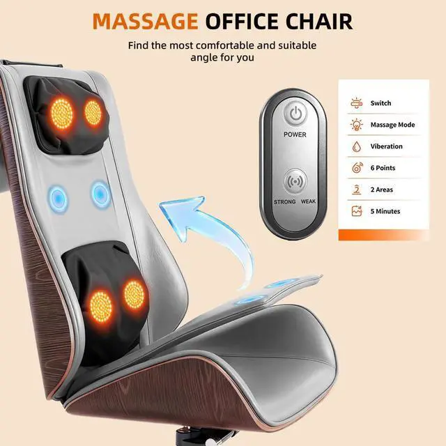 Alt view image 5 of 6 - Executive Office Chair with 6-Point Massage, Ergonomic High Back Leather Desk Chair for Big & Tall (300lbs), 135° Reclining & Lumbar Support for Home Office Prolonged Sitting, Walnut/Grey