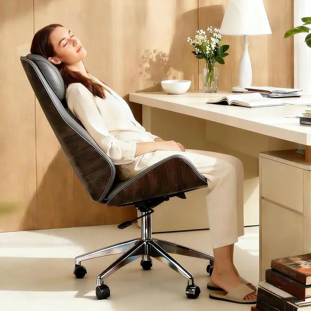 Alt view image 6 of 6 - Executive Office Chair with 6-Point Massage, Ergonomic High Back Leather Desk Chair for Big & Tall (300lbs), 135° Reclining & Lumbar Support for Home Office Prolonged Sitting, Walnut/Grey