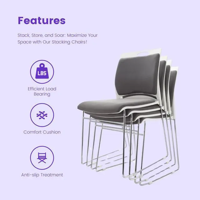 Alt view image 5 of 6 - 4 Pack Stacking Office Waiting Room Chairs 1102LBS Capacity | Modern Guest Reception Stackable Conference Room Chairs with Sled Base for Multi-Purpose Room,Break Room,Training,Gray