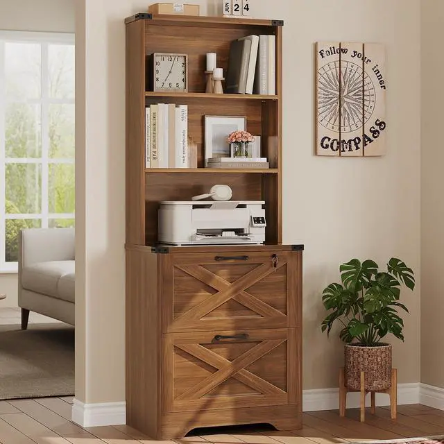 Main image of 2 Drawer File Cabinet with Lock fits Legal/Letter/A4 Size | Wood Filing Cabinet for Home Office, Farmhouse File Cabinets with Adjustable Storage Shelf Printer Stand, Brown