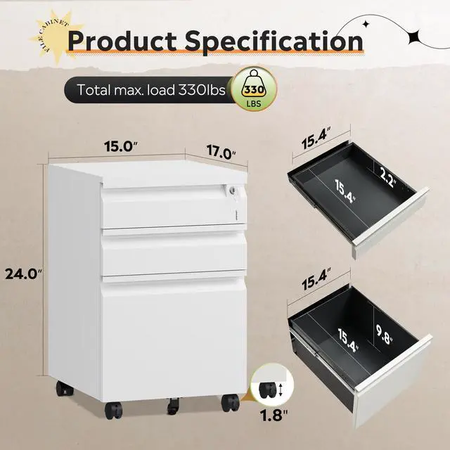 Alt view image 3 of 6 - 3 Drawer Mobile File Cabinet with Lock, Un-Assembled | Under Desk Metal Filing Cabinet for Home Office, Fits Letter/Legal/A4 Size Files, 17" D x15 W x24 H