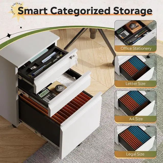 Alt view image 4 of 6 - 3 Drawer Mobile File Cabinet with Lock, Un-Assembled | Under Desk Metal Filing Cabinet for Home Office, Fits Letter/Legal/A4 Size Files, 17" D x15 W x24 H