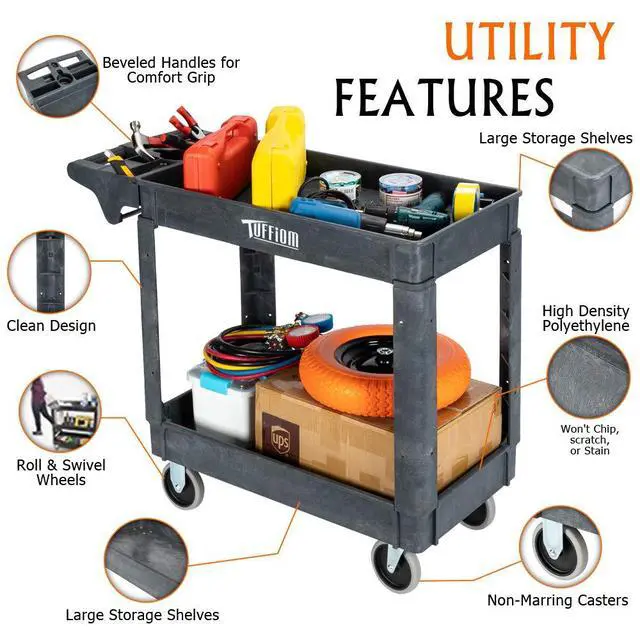 Alt view image 2 of 7 - Plastic Service Utility Cart with Wheels,550lbs Capacity,Heavy Duty Tub Storage Cart W/Deep Shelves, Multipurpose Rolling 2-Tier Mobile Storage Organizer, for Warehouse Garage Industrial Cart