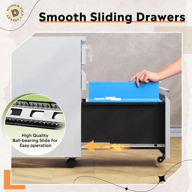 Alt view image 6 of 6 - 3 Drawer Mobile File Cabinet with Lock, Un-Assembled | Under Desk Metal Filing Cabinet for Home Office, Fits Letter/Legal/A4 Size Files, 17" D x15 W x24 H