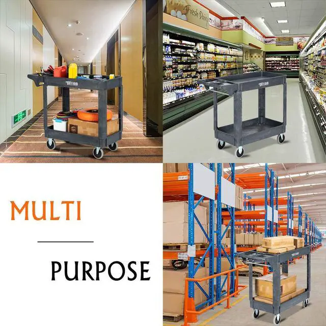 Alt view image 3 of 7 - Plastic Service Utility Cart with Wheels,550lbs Capacity,Heavy Duty Tub Storage Cart W/Deep Shelves, Multipurpose Rolling 2-Tier Mobile Storage Organizer, for Warehouse Garage Industrial Cart