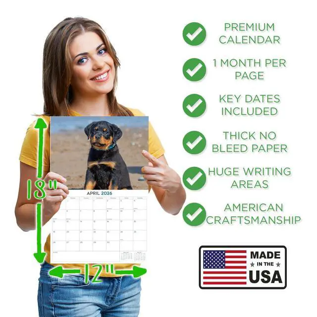 Alt view image 4 of 7 - Rottweiler Puppy Calendar 2026 2027 14 Month Wall Calendar | Dog Lover Gift, Thick 100# No-Bleed Paper, Large Writing Blocks, Made in USA, Puppy Photos, Teacher Gift