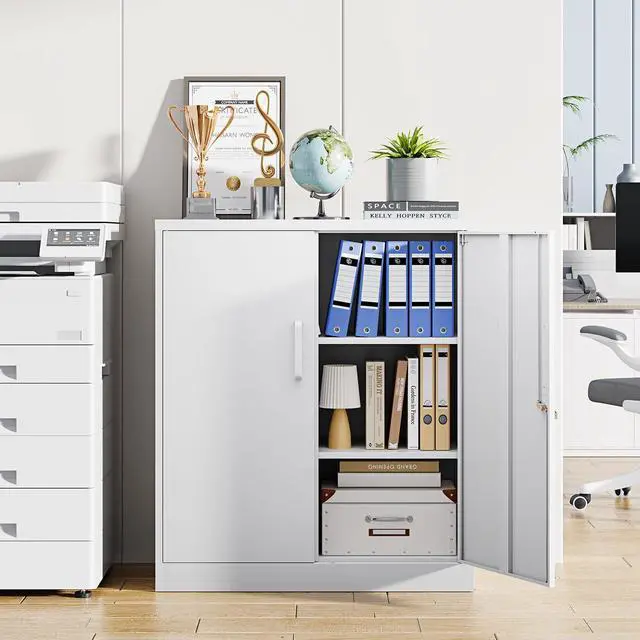 Alt view image 2 of 7 - Metal Storage Cabinets with Lock, Small Locker Organizer Steel Cabinets, Adjustable Layers Shelves 2 Doors for Home, Office, Warehouse,Garage,Industrial,Employee Lockers (White-36)
