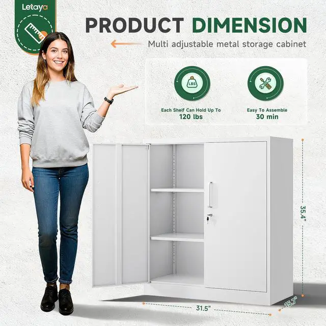 Alt view image 3 of 7 - Metal Storage Cabinets with Lock, Small Locker Organizer Steel Cabinets, Adjustable Layers Shelves 2 Doors for Home, Office, Warehouse,Garage,Industrial,Employee Lockers (White-36)