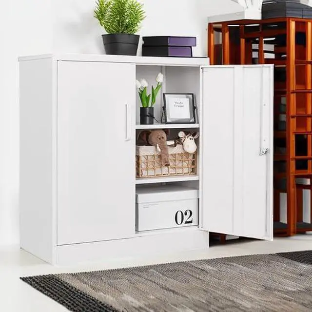 Alt view image 5 of 7 - Metal Storage Cabinets with Lock, Small Locker Organizer Steel Cabinets, Adjustable Layers Shelves 2 Doors for Home, Office, Warehouse,Garage,Industrial,Employee Lockers (White-36)