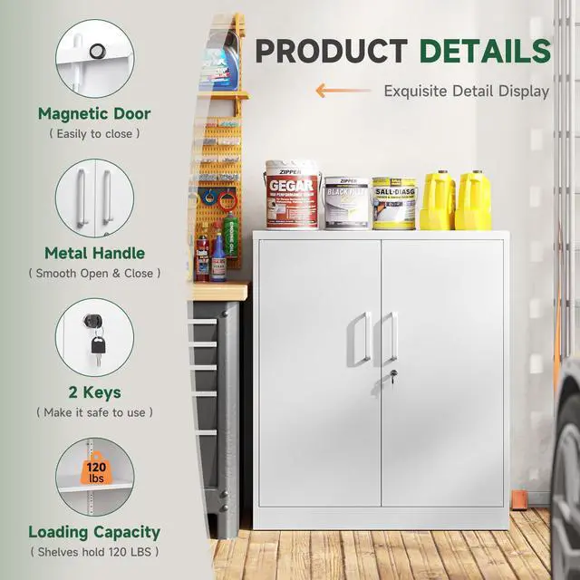 Alt view image 4 of 7 - Metal Storage Cabinets with Lock, Small Locker Organizer Steel Cabinets, Adjustable Layers Shelves 2 Doors for Home, Office, Warehouse,Garage,Industrial,Employee Lockers (White-36)