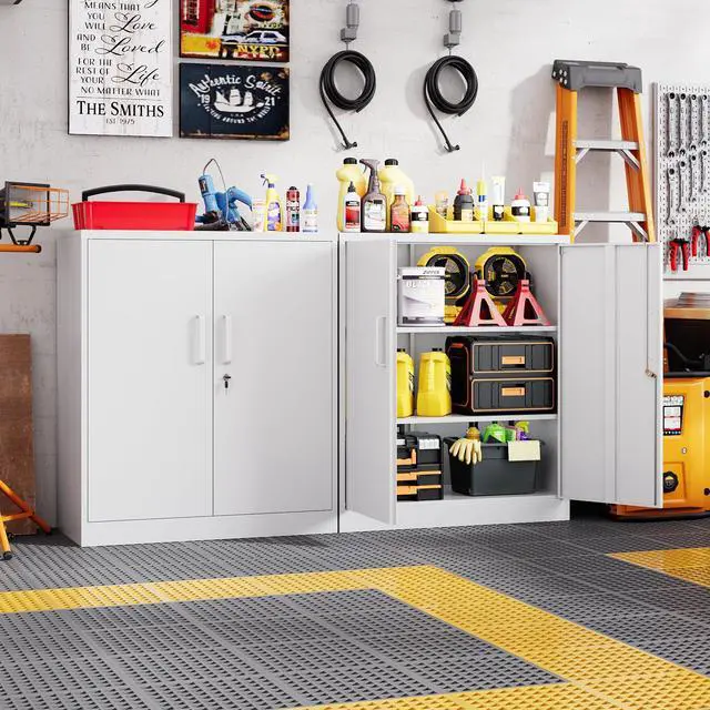 Alt view image 6 of 7 - Metal Storage Cabinets with Lock, Small Locker Organizer Steel Cabinets, Adjustable Layers Shelves 2 Doors for Home, Office, Warehouse,Garage,Industrial,Employee Lockers (White-36)