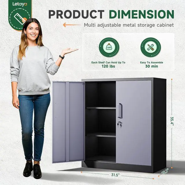 Alt view image 3 of 7 - Metal Storage Cabinets with Lock Door and Shelves, Steel Garage Tool Cabinets for Home,Office, Warehouse,Lockers (36-Black&Gray)