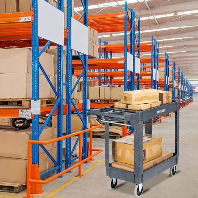 Alt view image 4 of 7 - Plastic Service Utility Cart with Wheels,550lbs Capacity,Heavy Duty Tub Storage Cart W/Deep Shelves, Multipurpose Rolling 2-Tier Mobile Storage Organizer, for Warehouse Garage Industrial Cart