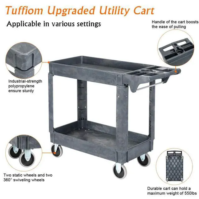 Alt view image 7 of 7 - Plastic Service Utility Cart with Wheels,550lbs Capacity,Heavy Duty Tub Storage Cart W/Deep Shelves, Multipurpose Rolling 2-Tier Mobile Storage Organizer, for Warehouse Garage Industrial Cart