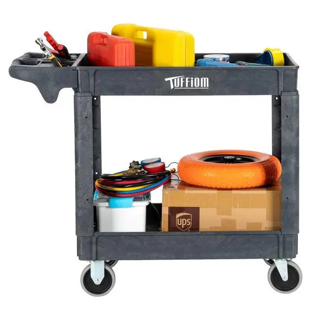 Alt view image 6 of 7 - Plastic Service Utility Cart with Wheels,550lbs Capacity,Heavy Duty Tub Storage Cart W/Deep Shelves, Multipurpose Rolling 2-Tier Mobile Storage Organizer, for Warehouse Garage Industrial Cart