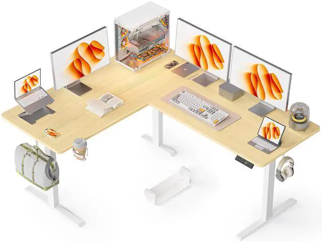 Main image of 63X55 Inches Reversible L Shaped Standing Desk Height Adjustable with Cup Holder, Electric Corner Computer Desk, Sit Stand up Home Office Desk, Ergonomic Gaming Desk, Oak