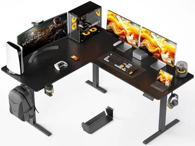 Main image of 63x55 Inches Reversible L Shaped Standing Desk, Height Adjustable With Cup Holder, Electric Corner Computer Workstation, Sit Stand up Home Office, Ergonomic Gaming, Black
