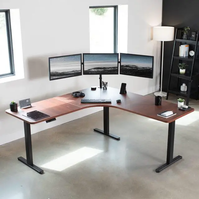 Alt view image 2 of 7 - Universal 71 x 71 inch Curved Corner Table Top for L-Shape Sit to Stand Height Adjustable Home and Office 3-Leg Desk Frames, Dark Walnut Desktop, DESK-TOP2CD