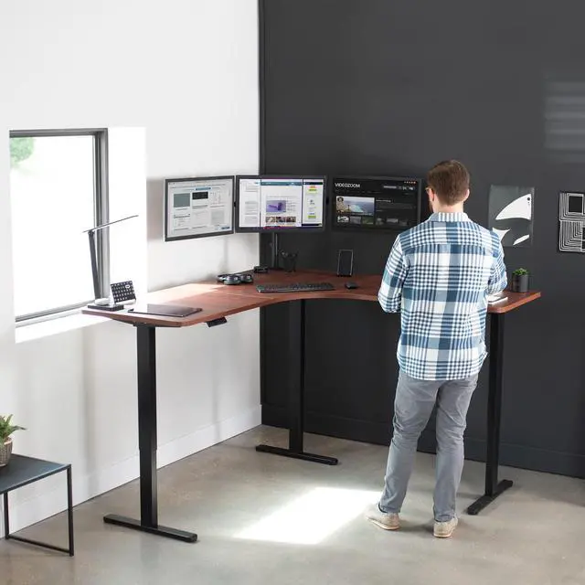 Alt view image 7 of 7 - Universal 71 x 71 inch Curved Corner Table Top for L-Shape Sit to Stand Height Adjustable Home and Office 3-Leg Desk Frames, Dark Walnut Desktop, DESK-TOP2CD